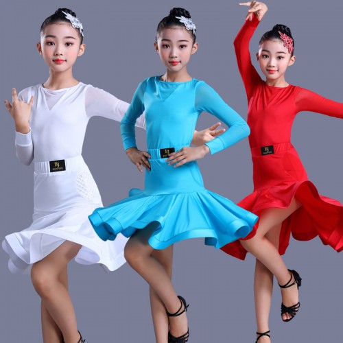Girls kids blue white red latin dance dresse competition ballroom salsa chacha dance dresses